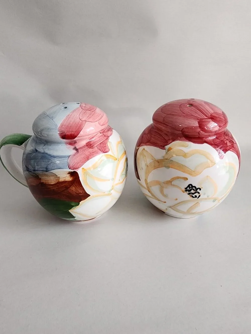 Hand Painted Floral Ceramic Salt & Pepper Shakers with Handles Set of 2